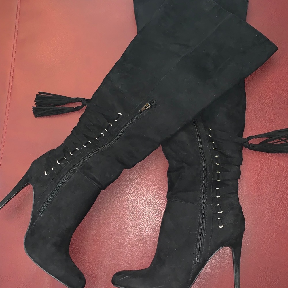 High Heel Over The Knee Suede Black Boots - Picture 5 of 6